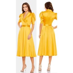 New Ieena x Mac Duggal Gold Satin Lapel Puff Sleeve Dress